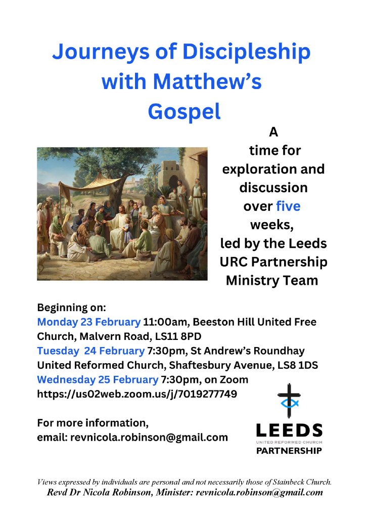 Journey of discipleship with Matthews Gospel - Lent 2026 - starting 23 Feb 2026 online and in person - Poster