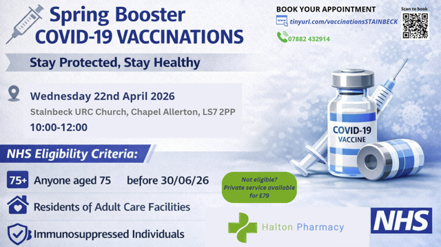 Spring Booster Covid-19 Vaccinations 22 April 2026 Stainbeck URC - flyer